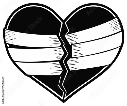 Broken heart symbol with bandages in black and white