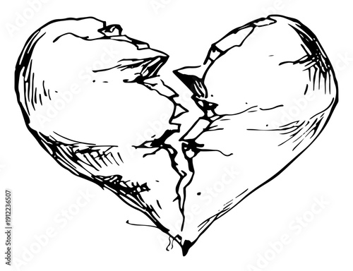Cracked broken heart sketch – emotional vintage line art vector illustration