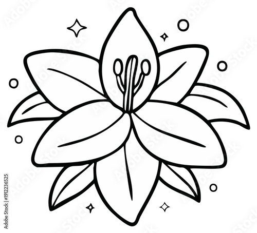 Stylized Outline Flower Bloom With Sparkles And Circles Decorative Element