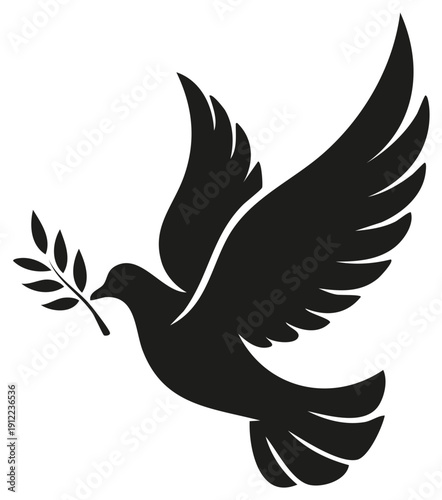 Black flying dove bird carrying olive branch symbolic vector illustration of peace hope and freedom