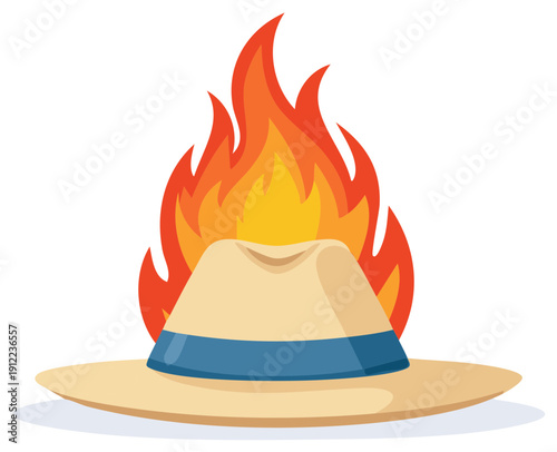 Hat engulfed in flames, showcasing extreme conditions, danger, or intense situations in a cartoonish style