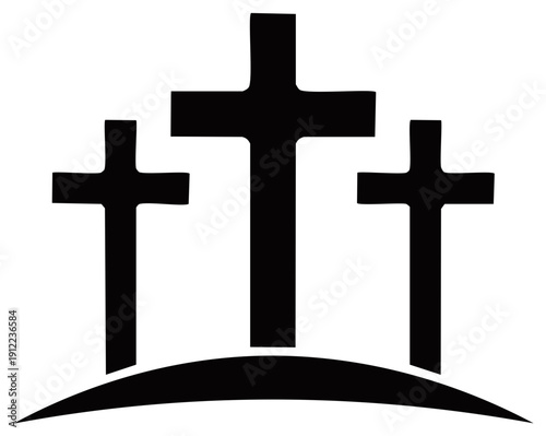 Three Black Christian Crosses Silhouette on a Hilltop Sacred Symbolism and Faith