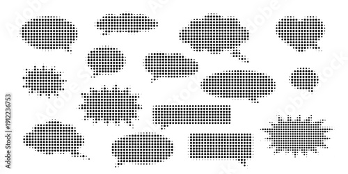 Black and white comic speech bubbles and thought clouds set, halftone hand drawn vector