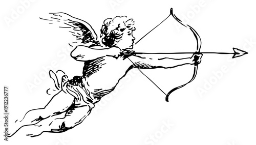 Obraz na plátně Cupid cherub aiming bow and arrow vintage hand drawn sketch vector