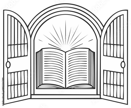 Open Book and Open Doors: Black and White Line Art Illustration of Education and Opportunity