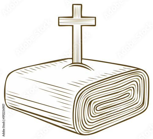 Stylized Vector Christian Cross Standing on Open Scroll Represents Faith Hope and Belief