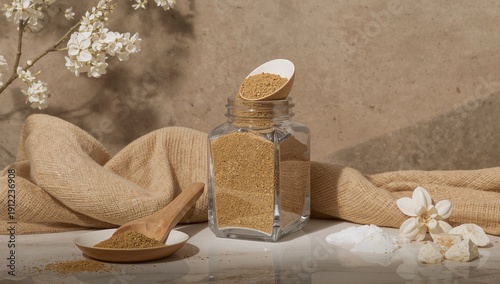 Natural Spice Mix in Glass Jar With Wooden Spoon and Flowers on Table in Kitc...