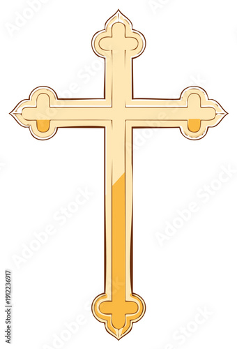 Illustration of a golden Christian cross symbol with ornamented terminals on white