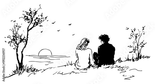 Couple Watching Sunset Romantic Landscape Sketch Vector Illustration