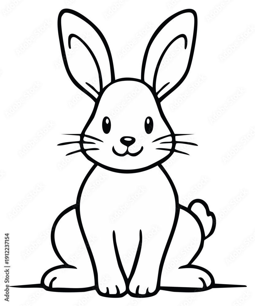 Fototapeta premium Cute cartoon bunny rabbit sitting and looking forward with large ears and a happy expression in black and white line art