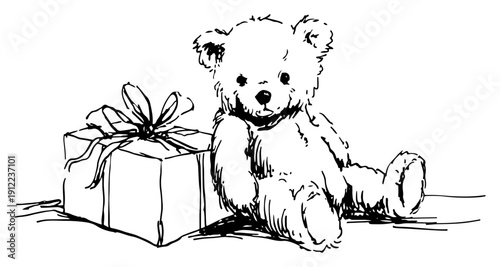 Teddy bear next to ribbon gift box – cute vintage sketch line art vector illustration