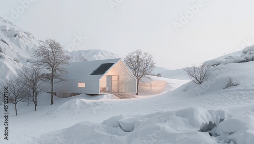 Mountain House in Snowy Landscape With Trees and Rocky Hills During Winter Day