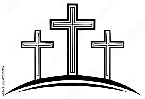 Three crosses silhouette on a hill, a symbol of faith and religion, in black and white