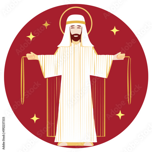 Divine robed figure with halo and outstretched arms, golden stars on a vibrant red circular background
