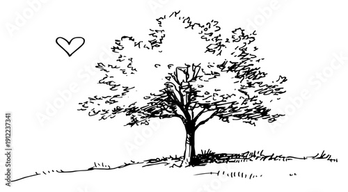Solitary tree on meadow with small heart – romantic sketch line art vector illustration