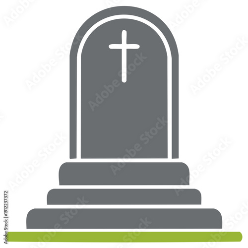 Gravestone illustration with Christian cross symbol and stone structure with green grass base
