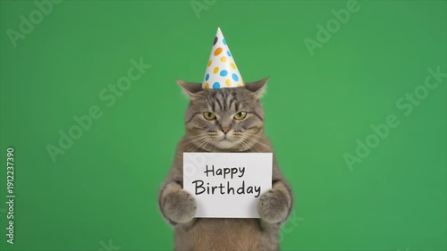 A charming tabby cat adorned with a festive birthday hat gazes intently at the viewer while presenting a handwritten 