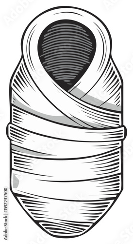 Illustration of swaddled baby, vintage engraving style, grayscale