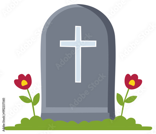 Cartoon Gravestone with Cross and Flowers Memorial Grave Marker Cemetery Stone with Grass and Red Tulips Illustration