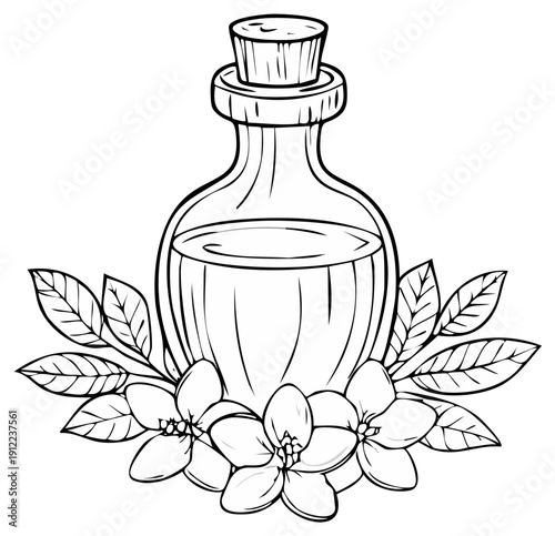Illustration of essential oil bottle with flowers and leaves