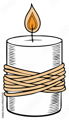 Stylized vector candle with flame and decorative rope, creating a warm cozy atmosphere, ideal for holidays or relaxation.