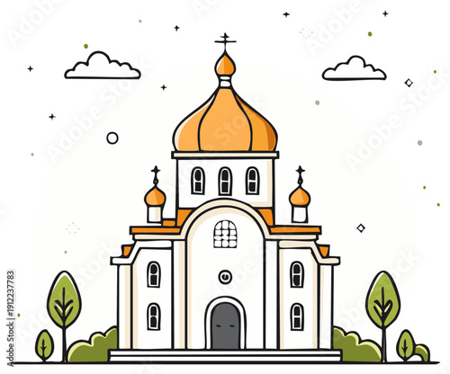 Orthodox church facade with golden domes and stylized trees on a white background. Religious architecture building illustration