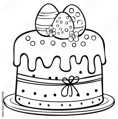 Line Art Easter Cake Featuring Decorated Eggs and Flowers in a Simple and Elegant Design Suitable for Coloring Pages