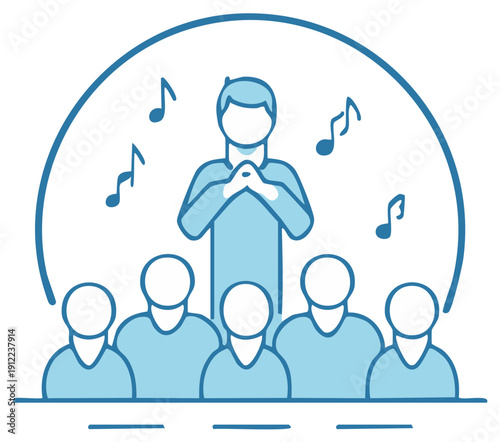 Choir conductor leading a group of singers, simple blue line art icon