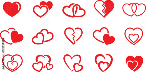 Assorted red heart illustrations with various designs and patterns.