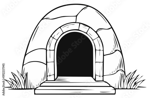 Hand Drawn Igloo Entrance with Stone Archway and Grass Border