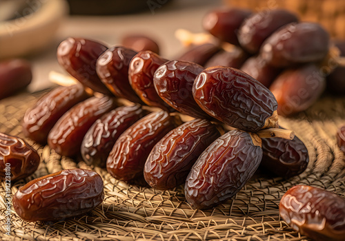 A pile of dates on a woven surface, showcasing their rich brown color and texture.