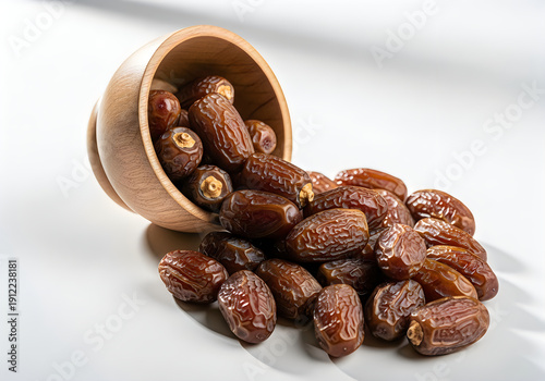 A wooden bowl filled with dates spilled onto a white surface.
