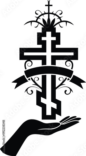 Christian ornate cross held by helping hand silhouette, faith hope belief symbolism, religious worship concept, spiritual protection illustration, black white vector art