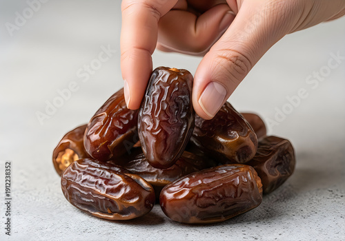 A hand picking a date from a pile of dates on a white surface.