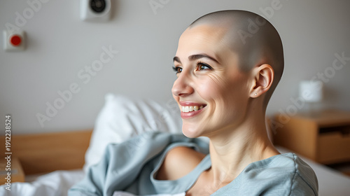 Close up head shot smiling hairless woman suffering from oncology looking to aside, dreaming about good future, visualizing, optimistic young female patient with oncology sitting on bed