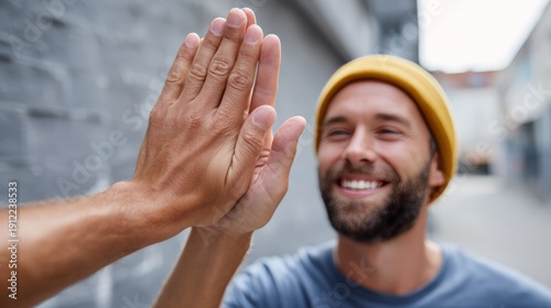 Young caucasian male giving a high five outdoors with a smile
