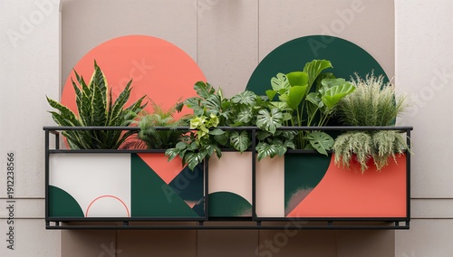 Planters With Green Plants and Colorful Design on Wall in Urban Area