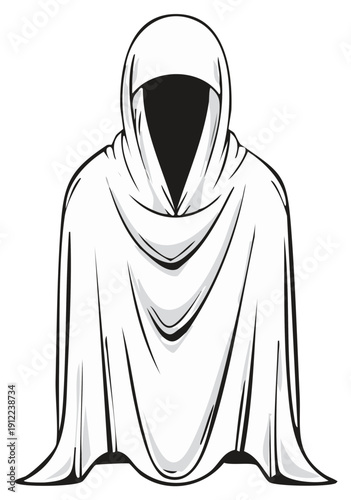 Cloaked figure in white robe illustration for spooky, scary or Halloween themes.