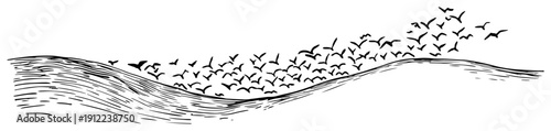 Hand drawn sketch of a flock of birds flying over stylized waves