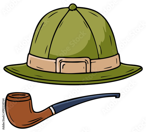 Safari Hat and Smoking Pipe - Cartoon Style Illustration