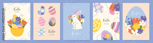 Set of Easter greeting card designs in trendy grainy texture style featuring bunny, decorated eggs, floral basket and spring flowers for festive greetings, vector illustration