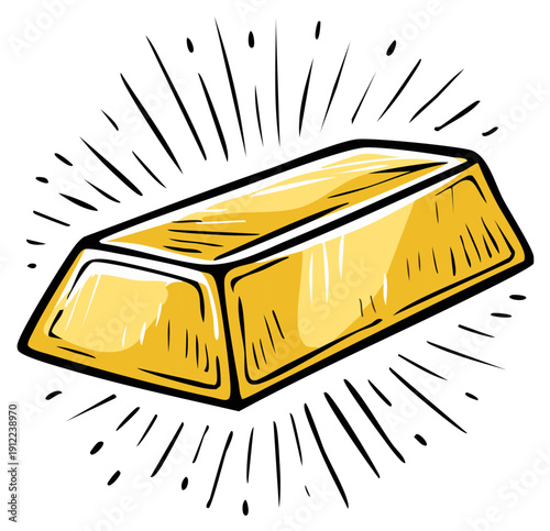 A gleaming Gold Bar Illustration with Radial Rays, Wealth concept, Investment, Precious Metal, Shiny Gold