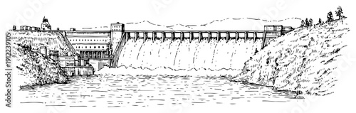 Detailed hand drawn ink sketch of a massive hydroelectric power dam with rushing water