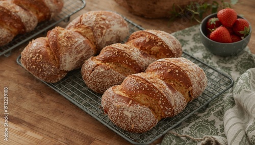 Freshly Baked Bread Rolls Placed on a Cooling Rack Beside Strawberries in a Bowl