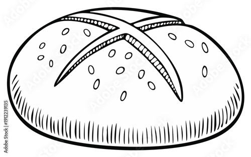 Hand Drawn Sketch of a Crusty Round Bread Roll with a Cross Cut on Top
