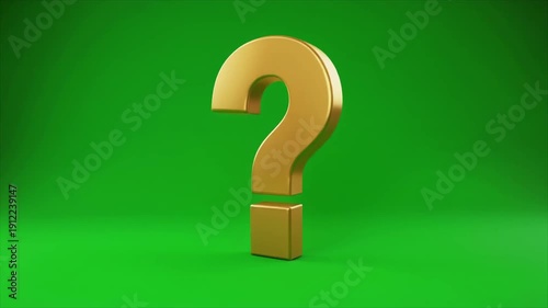 A large, gleaming golden question mark symbol, rendered in 3D, casts a subtle shadow against a vibrant green background, perfect for conceptual use