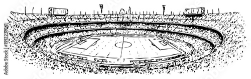 Detailed hand drawn ink sketch of a massive football stadium filled with fans