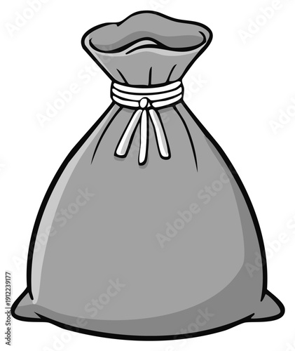 Simple illustration of a closed gray drawstring bag with a white tie knot