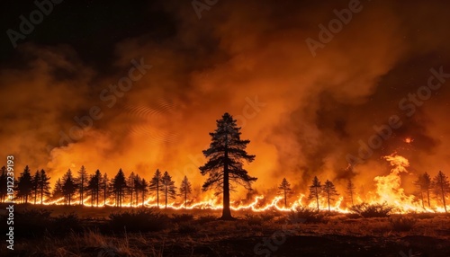 A raging wildfire engulfs a forest at night, with flames and smoke lighting up the dark sky and silhouetting the trees.