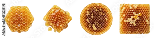 Obraz  z motywem Premium Raw Honeycomb Collection, Natural Bee Honey Combs in Various Shapes, Organic Sweet Hive Nectar Isolated on White Background PNG